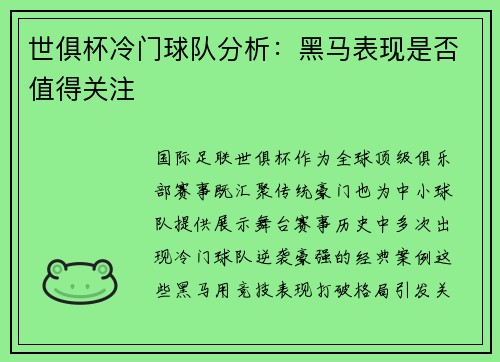 世俱杯冷门球队分析：黑马表现是否值得关注